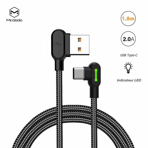 Câble Tissé USB vers Type-C Coudé 90° 1.2m 2A MAX Noir