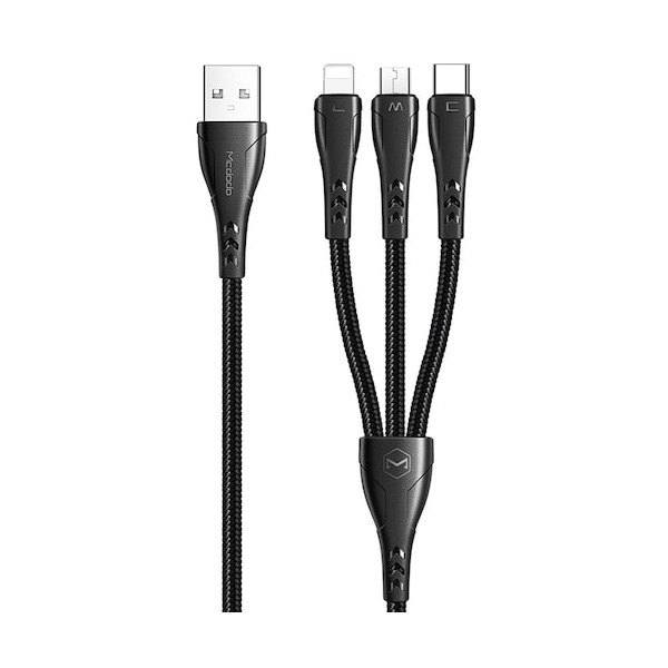 Câble de Charge Rapide 3en1 USB vers Type-C/Lightning/Micro USB 1.2m 3A MAX Noir
